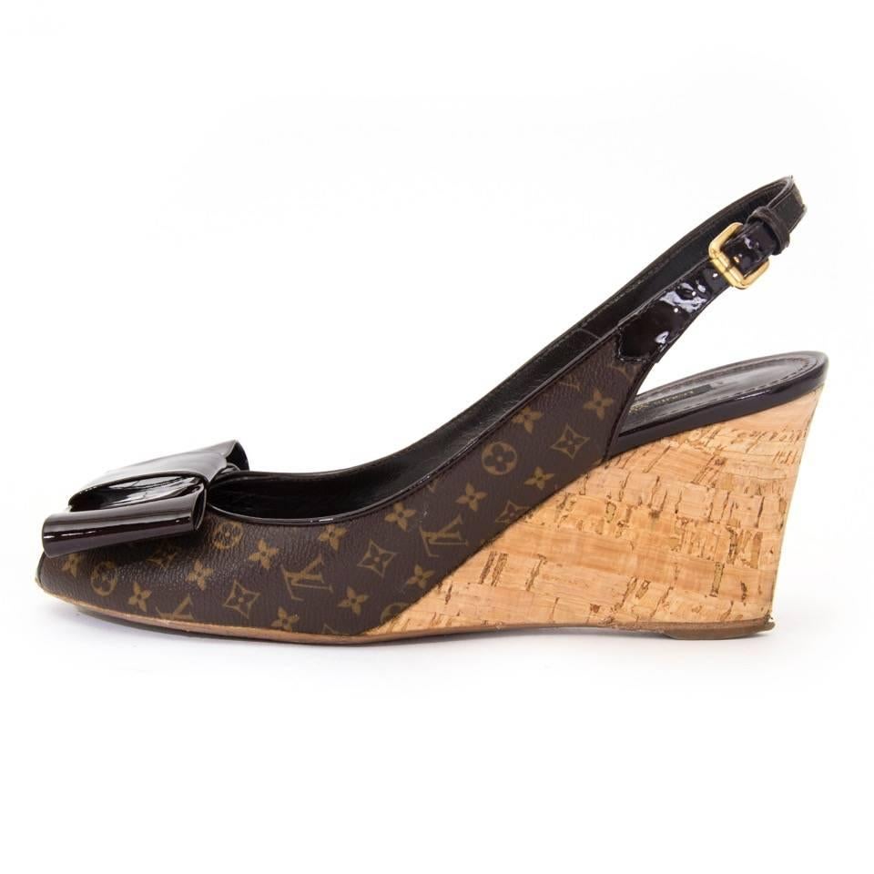 Black Louis Vuitton Monogram Wedge Bow Rivoli Sandals 