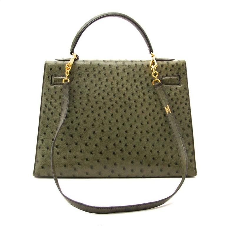 Hermes 23cm Vert Olive Ostrich Leather Gold Plated Constance Bag