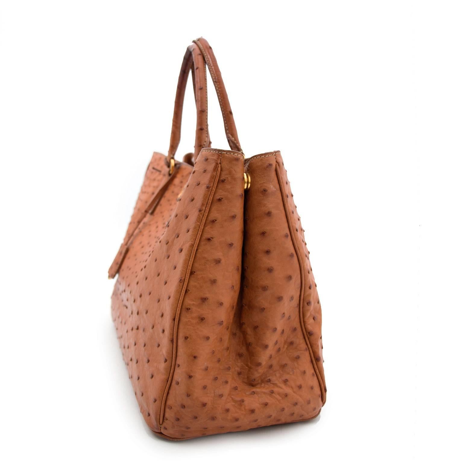 Prada Camel Ostrich Convertable Tote Bag In Good Condition In Antwerp, BE