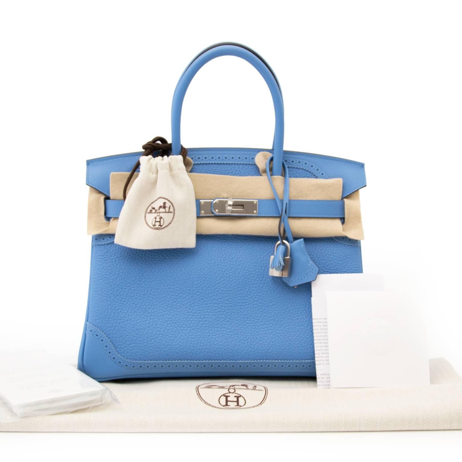 Brand new hard to find Hermes Birkin Ghillies Veu Paradis Taurillon Clamence .
This stunning Ghillies Birkin tote is beautifully crafted out of taurillon clemence leather.  
A soft, buttery calfskin with a nice even grain. Clemence leather is