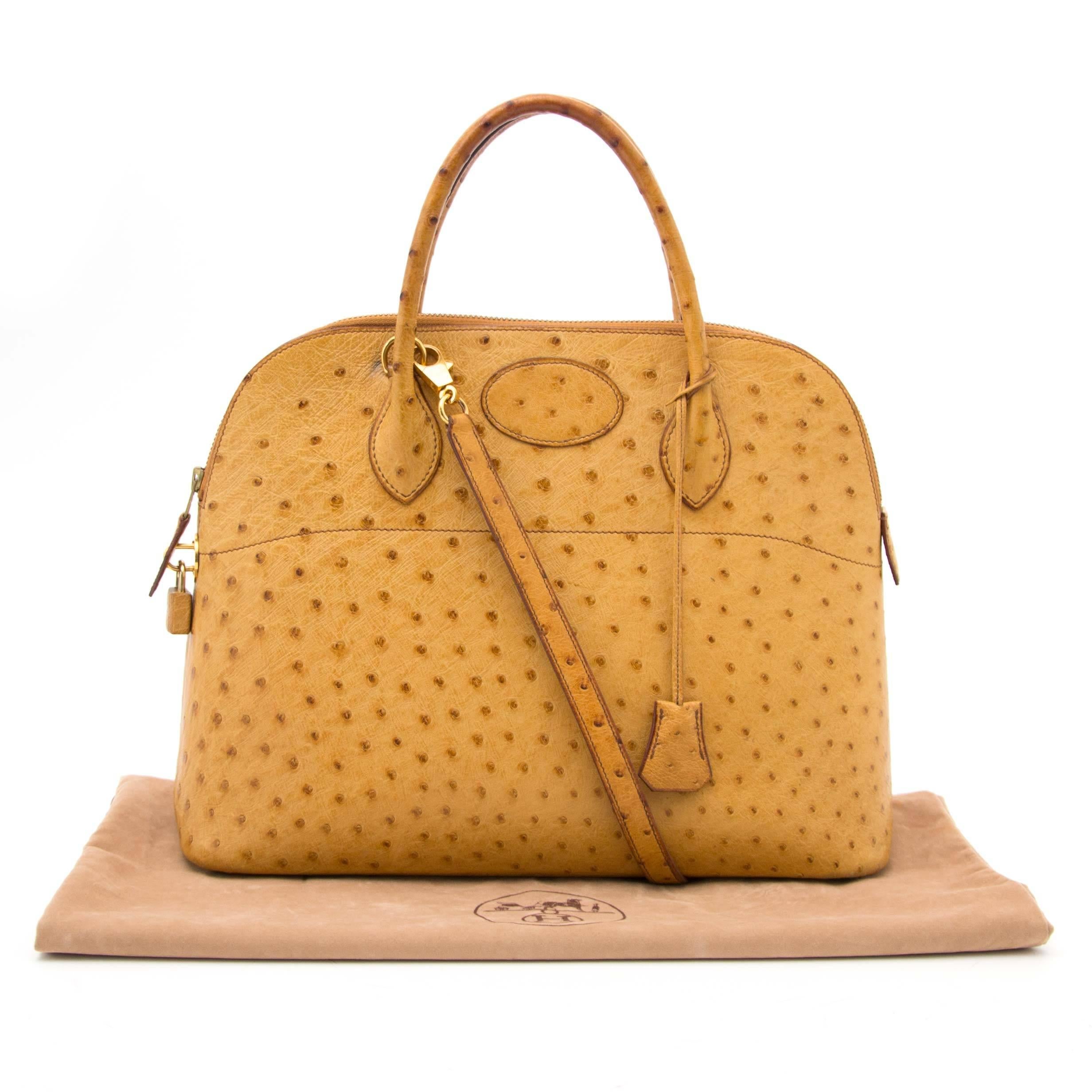 Hermès Bolide Ostrich Brown + strap

Very good condition.
This Hermès Bolide comes in a warm brown ostrich leather. The Bolide is a classic bag which will give your outfit a classy touch.
The bag features goldplated hardware and has four studs to