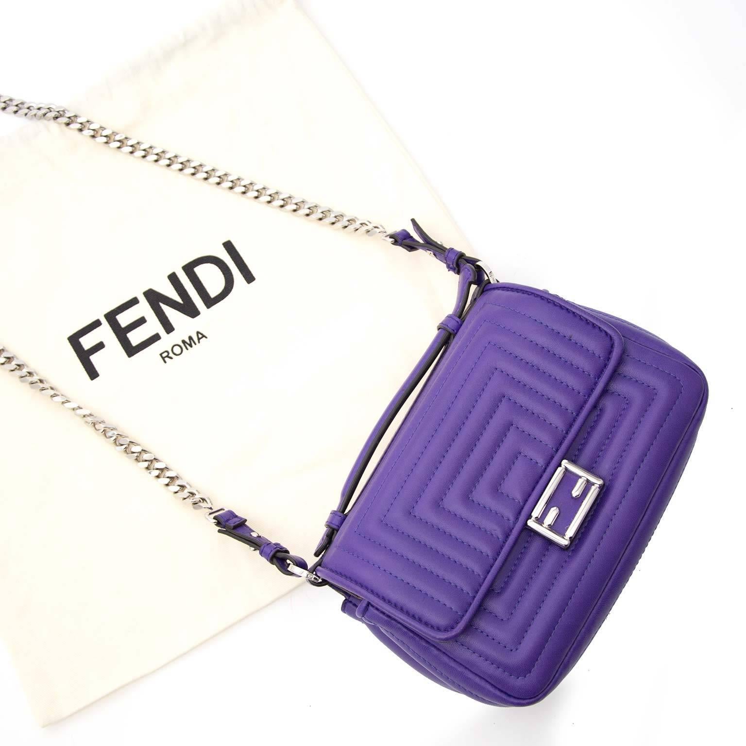 Very Good Preloved Condition

est retai pirce €1250,-

Fendi Purple Nappa Micro Double Baguette

This cute Fandi Baguette bag is crafted of quilted and smooth purple nappa leather.
This small yet functional handbag features a quilted lined detail on