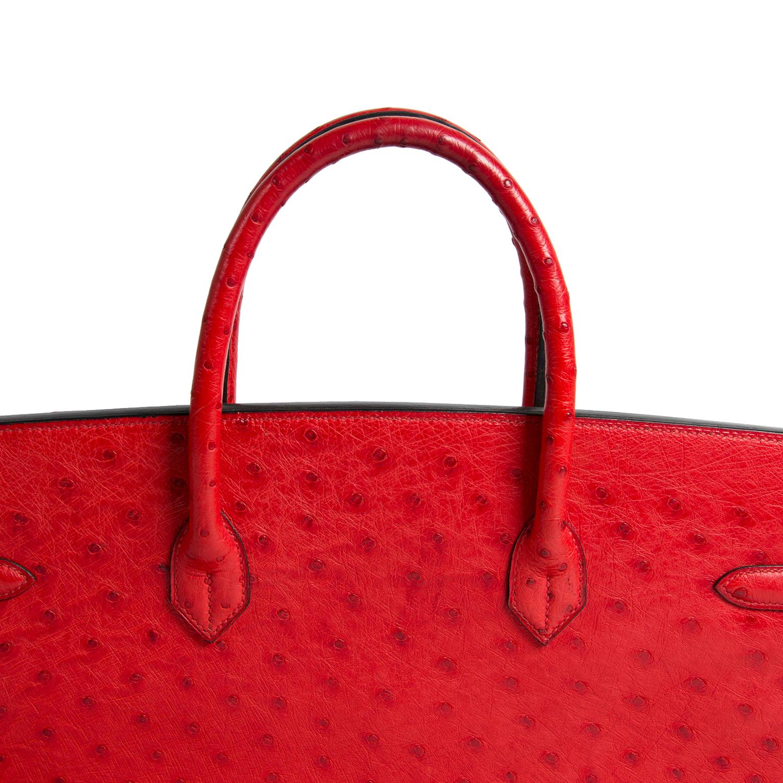 Red Hermès Birkin 40 Ostrich Bougainvillea PHW For Sale