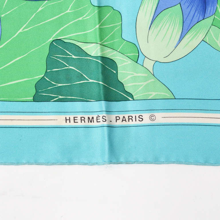 Hermes Blue Green Fleur De Lotus Scarf In Good Condition In Antwerp, BE