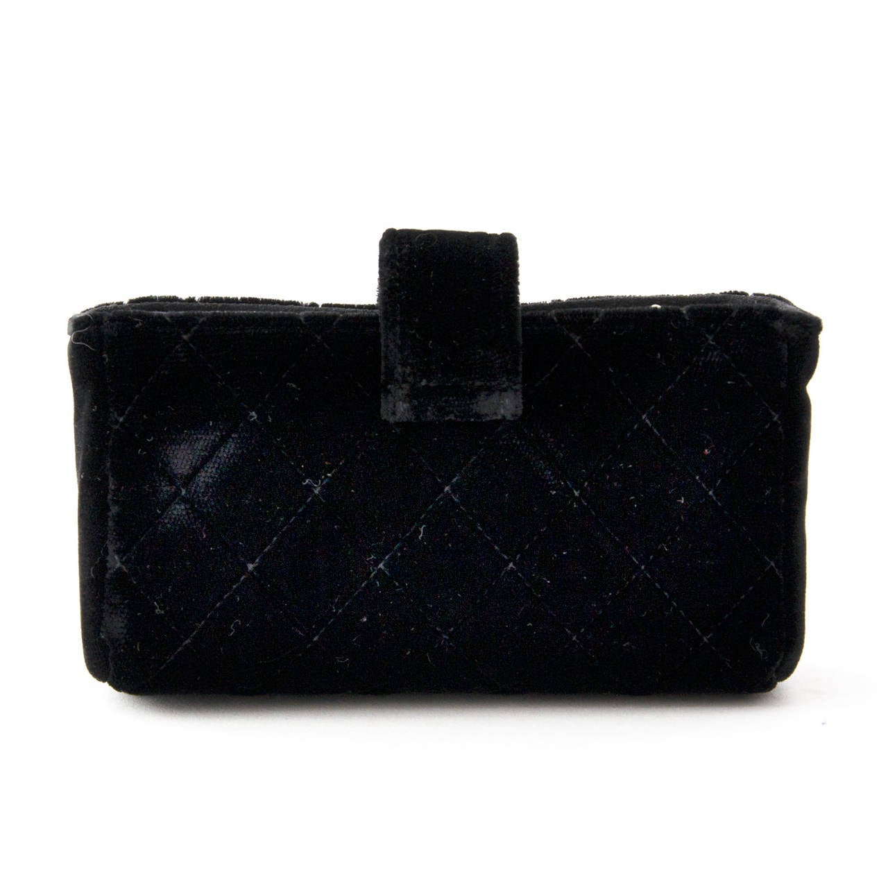Darling mini Chanel clutch or purse. In thick, rich black velours with golden logo button.
