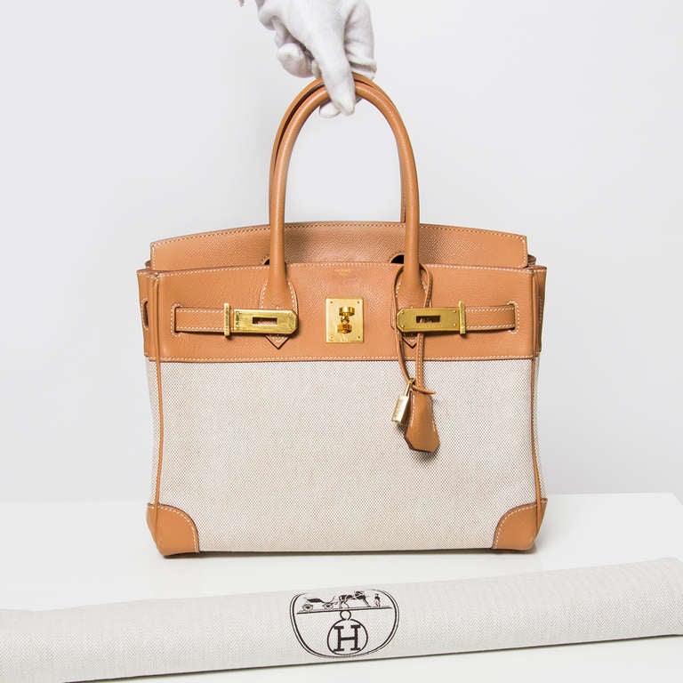 Beige Hermès Birkin Toile / Camel Epsom Leather 30cm Bkin Bag - GHW