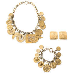 Yves Saint Laurent Gold Coin 3-Piece Necklace, Ear Clips and Bracelet Set