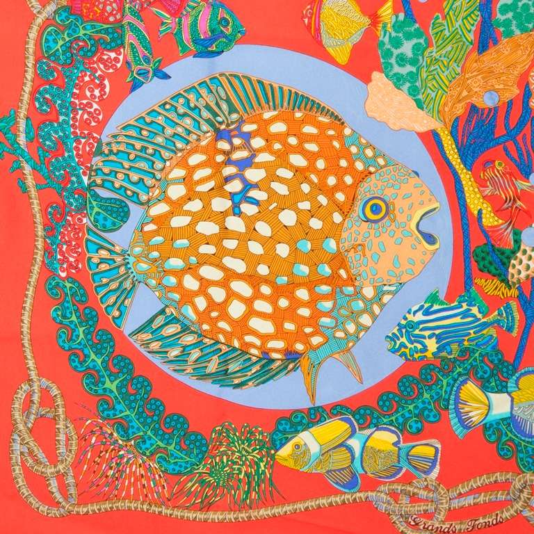 Hermes silk carré scarf with tropical fish 