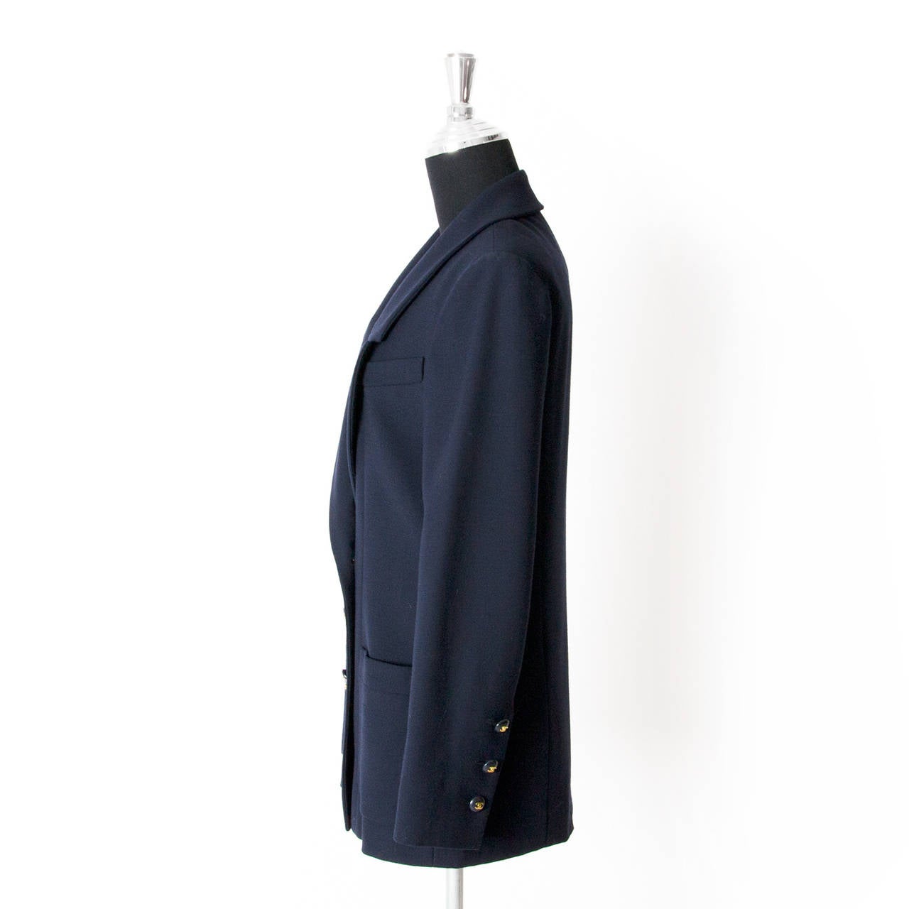 Chanel Blue Marine Classic College Blazer

This Timeless Blue Marine blazer will add some class to your outfit.

The blazer features six buttons on the front and three on each sleeve. 

Made of wool with a silk lining.
