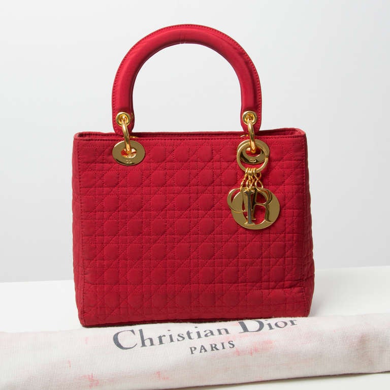 Christian Dior Lady Dior Red Fabric Handbag In Excellent Condition In Antwerp, BE