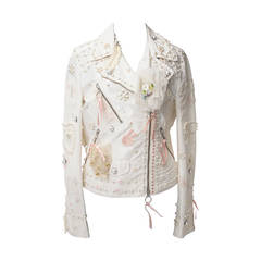 Moschino White Silk Blend Perfecto Biker Jacket Pearls & Bows