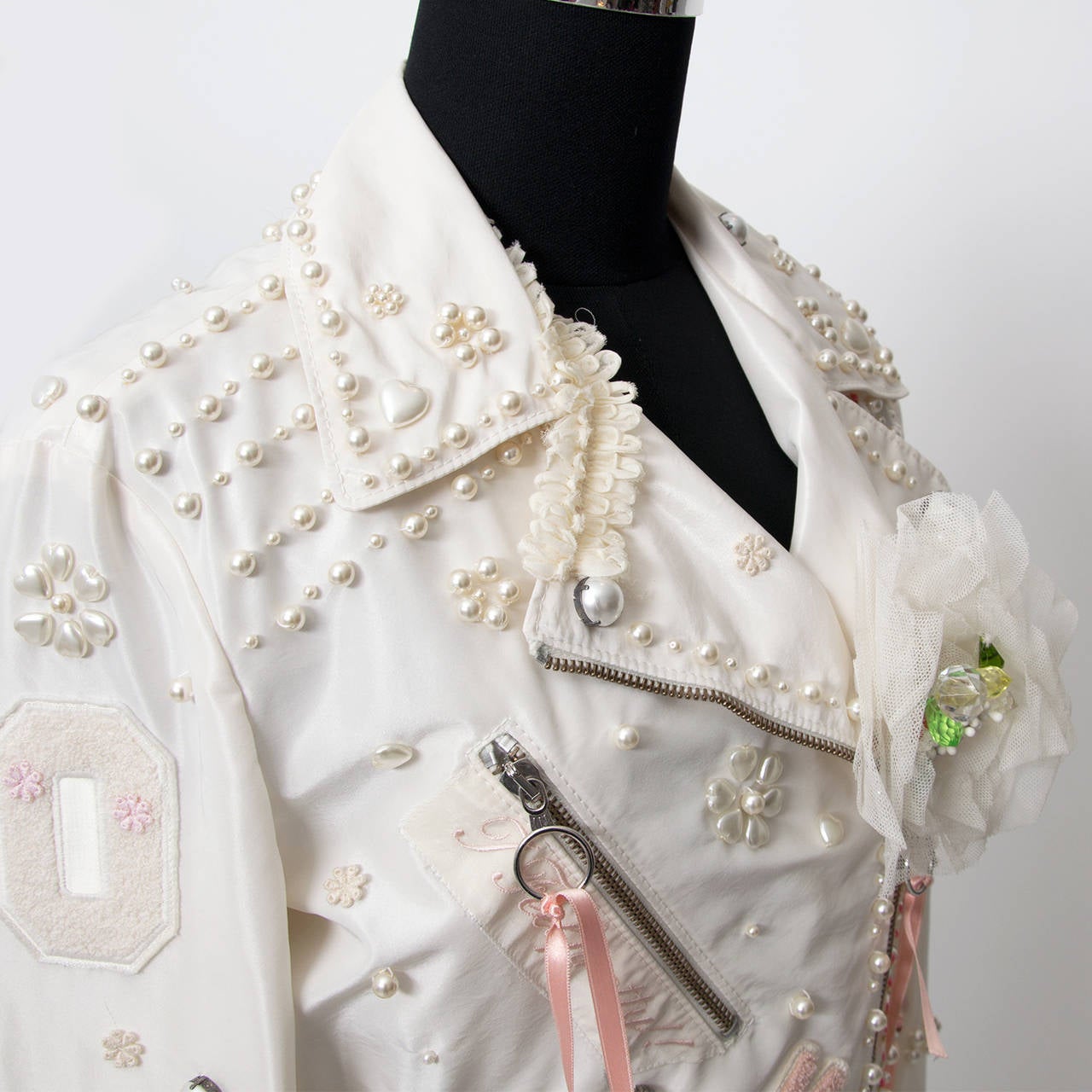 Moschino White Silk Blend Perfecto Biker Jacket Pearls & Bows 1