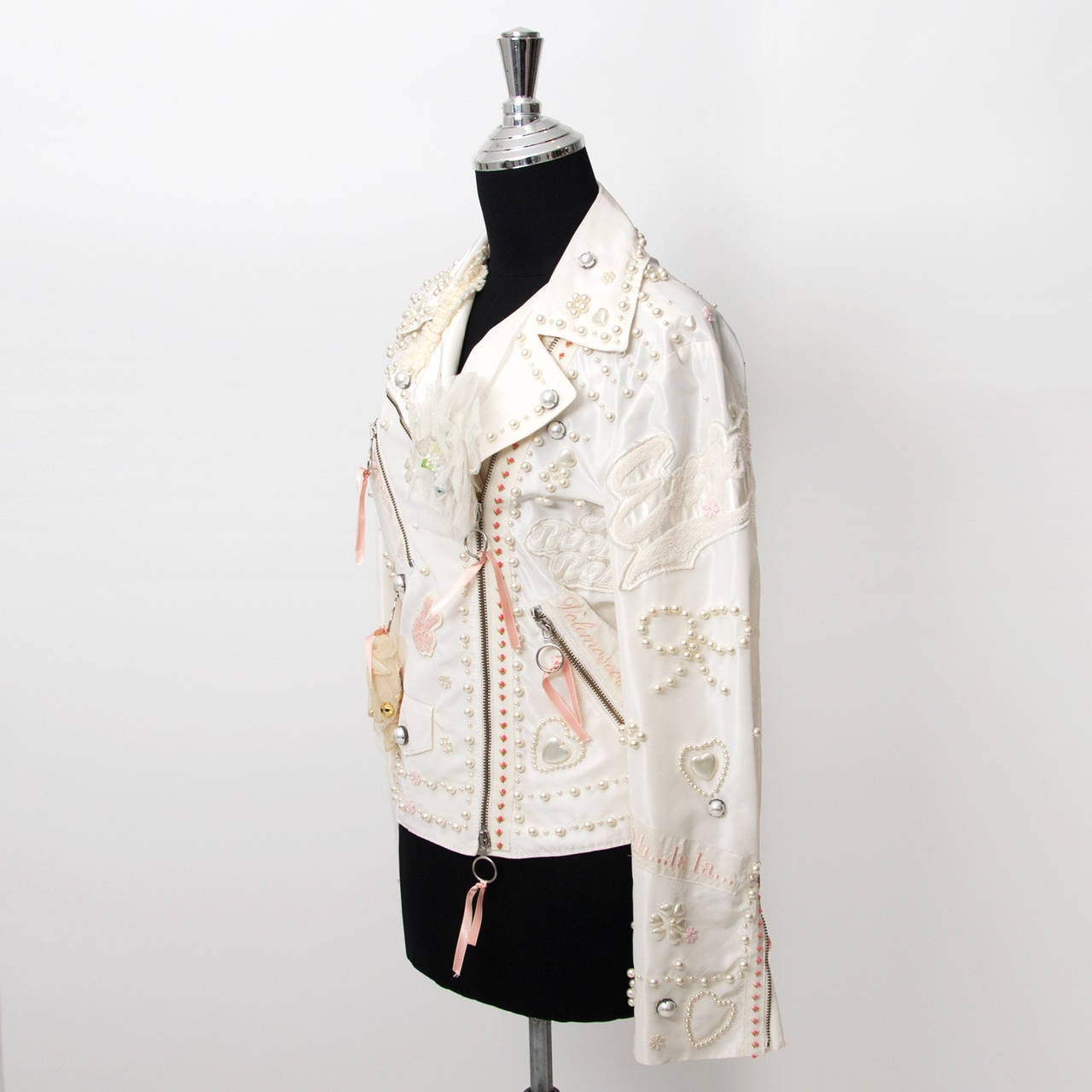 Women's Moschino White Silk Blend Perfecto Biker Jacket Pearls & Bows