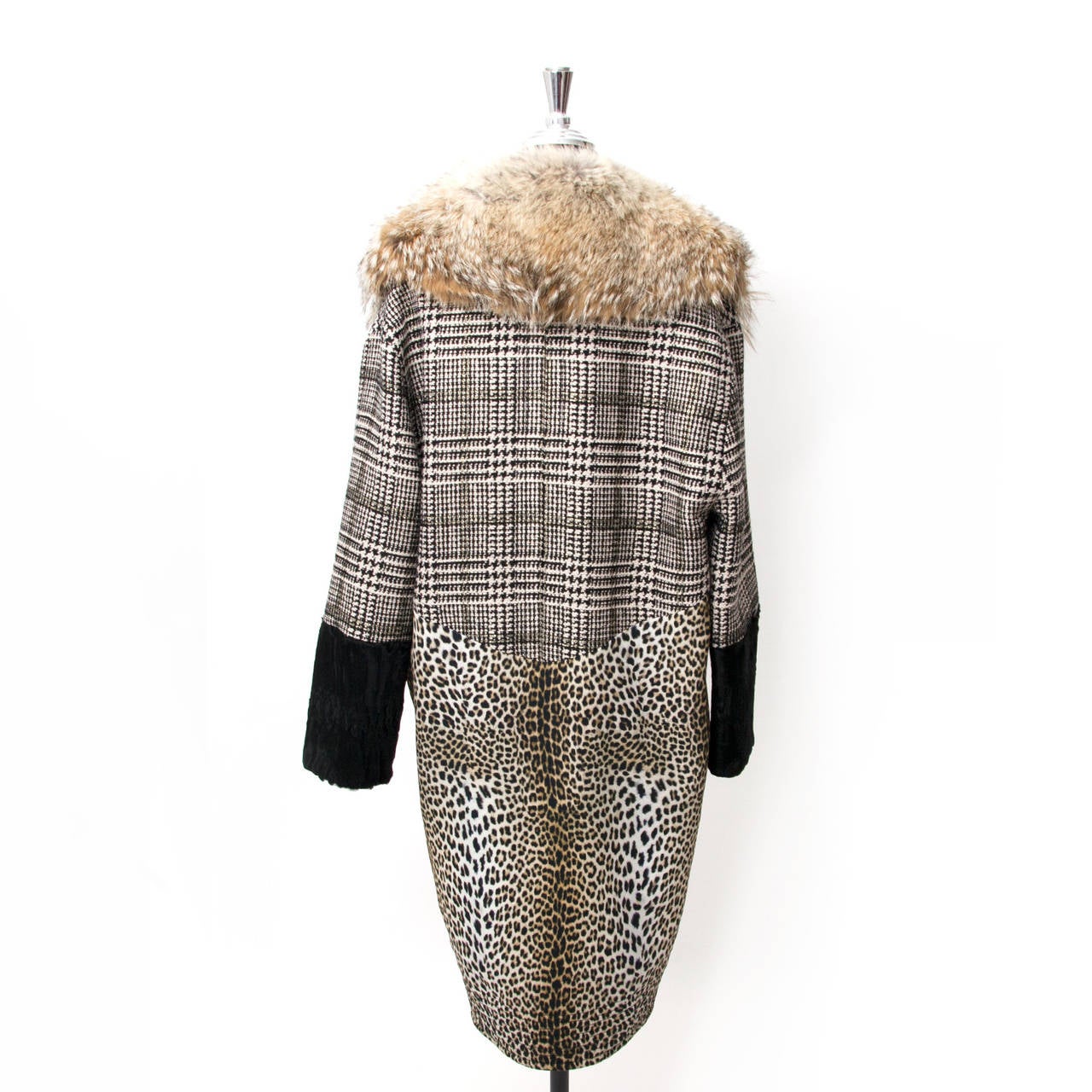 Women's Emanuel Ungaro Fox Collar 3-Tone Tweed Leopard Print Astrakhan Coat