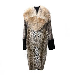 Emanuel Ungaro Fox Collar 3-Tone Tweed Leopard Print Astrakhan Coat