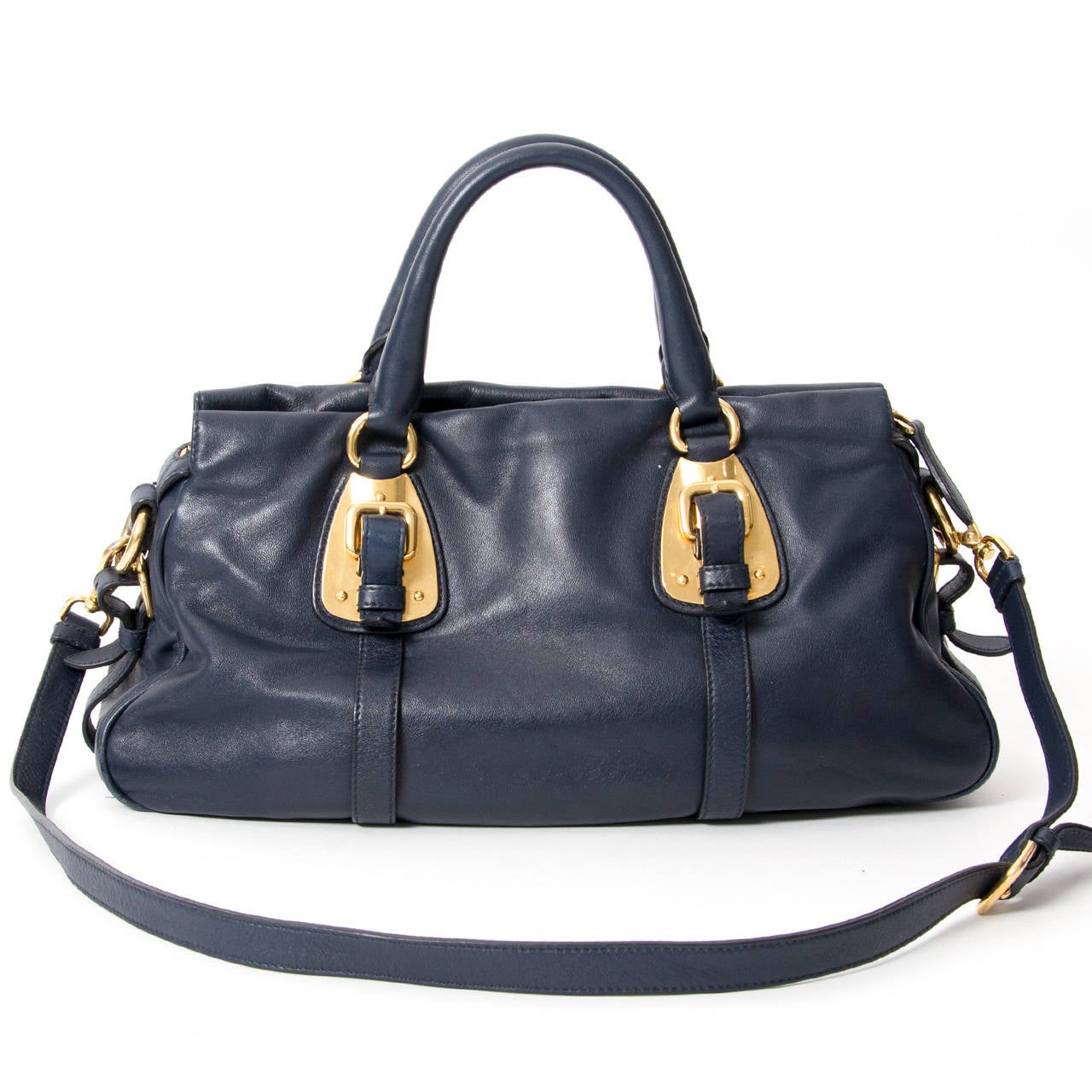 Prada Navy Leather Gold Buckle Hand/Crossbody Bag at 1stdibs  