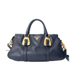 Prada Navy Leather Gold Buckle Hand/Crossbody Bag
