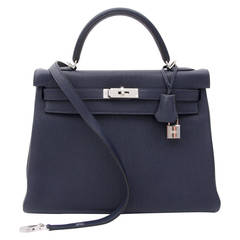 BRAND NEW Hermès Kelly Bag Taurillon Clemence 32 Blue Nuit