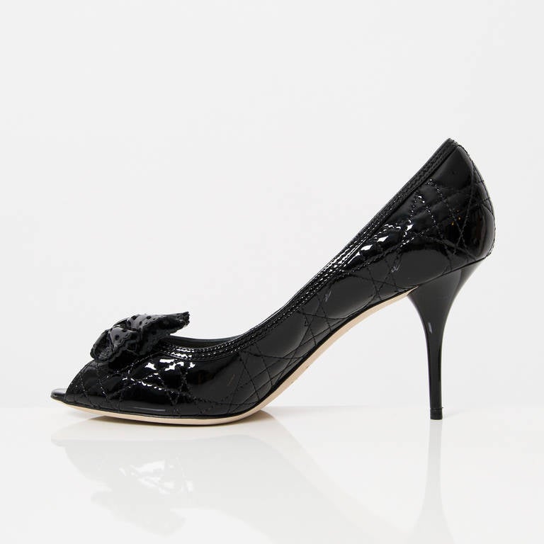 Women's Christian Dior Black Patent Cannage Bow Peep Toe Pumps