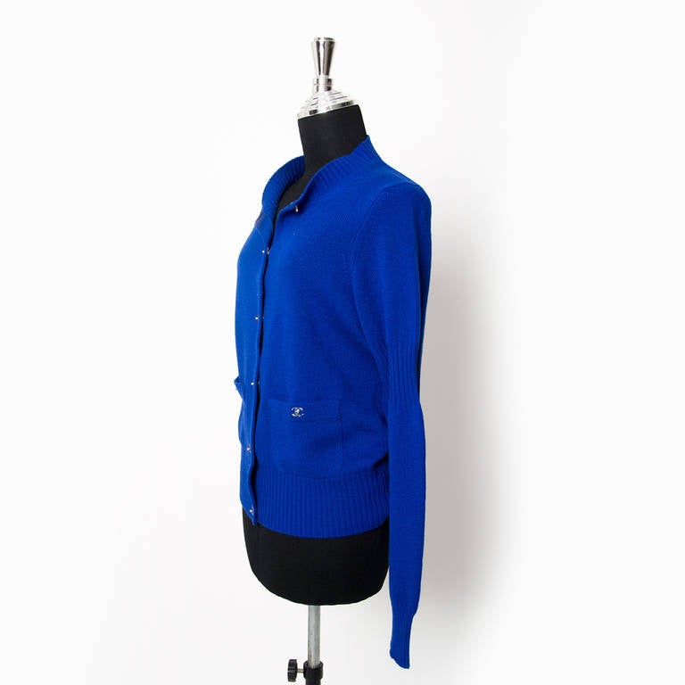 Chanel Electric Blue Gilet with chanel cc logo closure. 
100% Cashmere