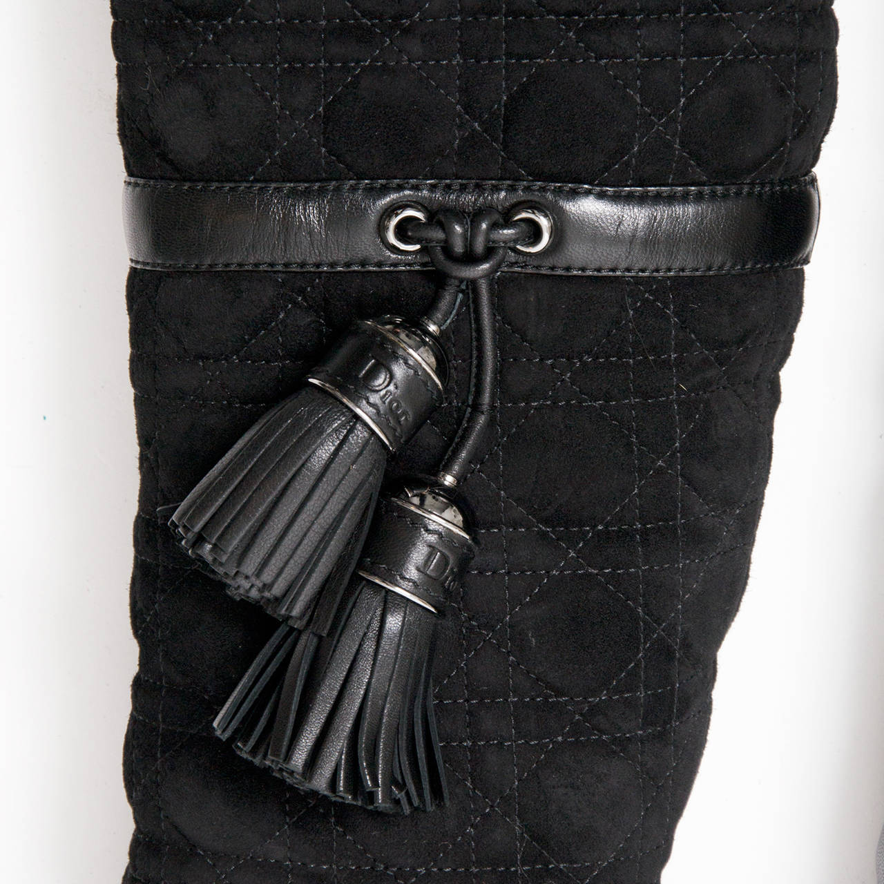 Christian Dior Black Suede Cannage 'Pompon' Shearling Tall Boots In Excellent Condition In Antwerp, BE