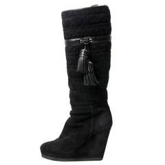 Christian Dior Black Suede Cannage 'Pompon' Shearling Tall Boots