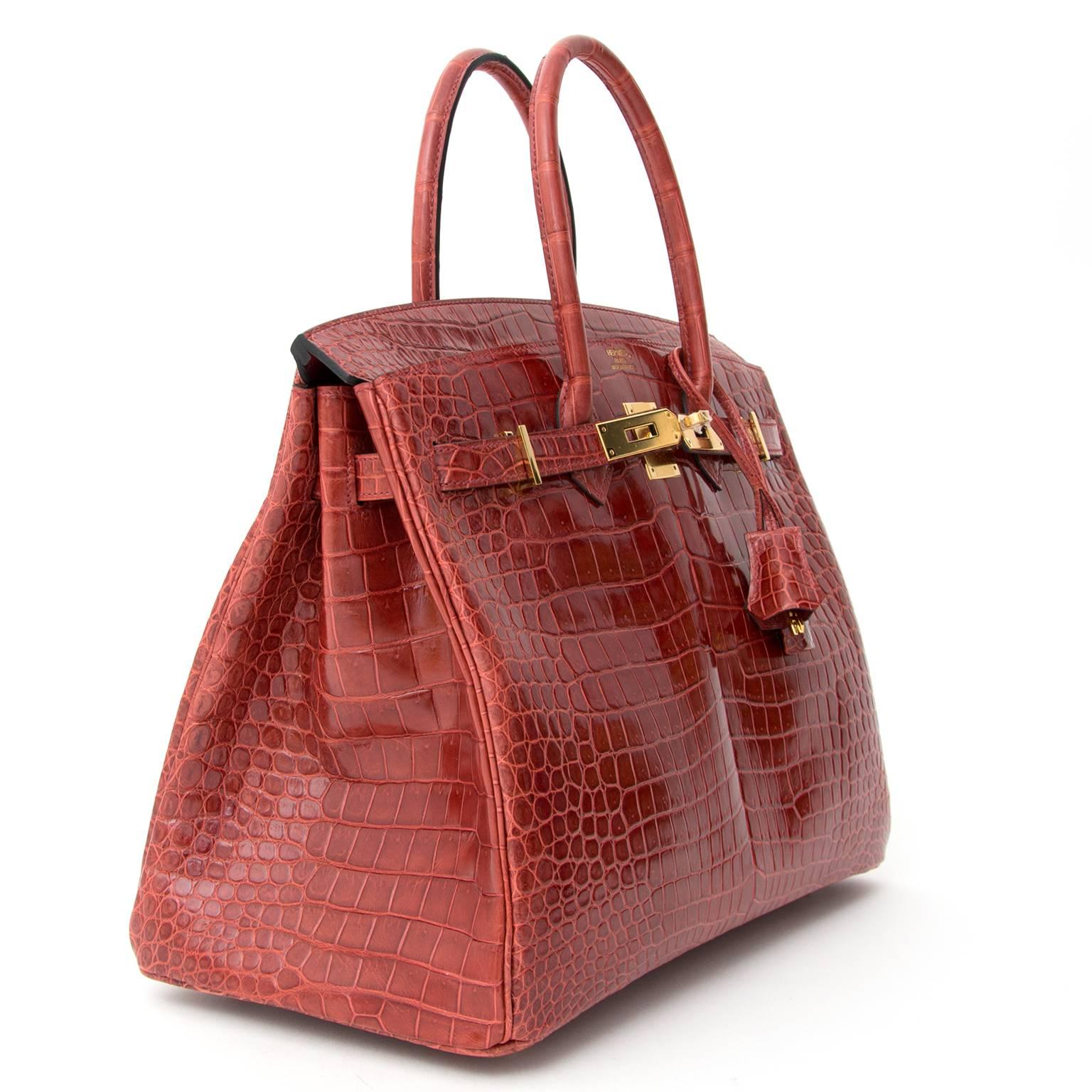 Questa è una delle versioni più preziose della borsa Bikrin di Hermès che potrai trovare. Questa borsa da 35 cm è immacolata.  è tinta di una ricca tonalità di rosso ruggine chiamata 