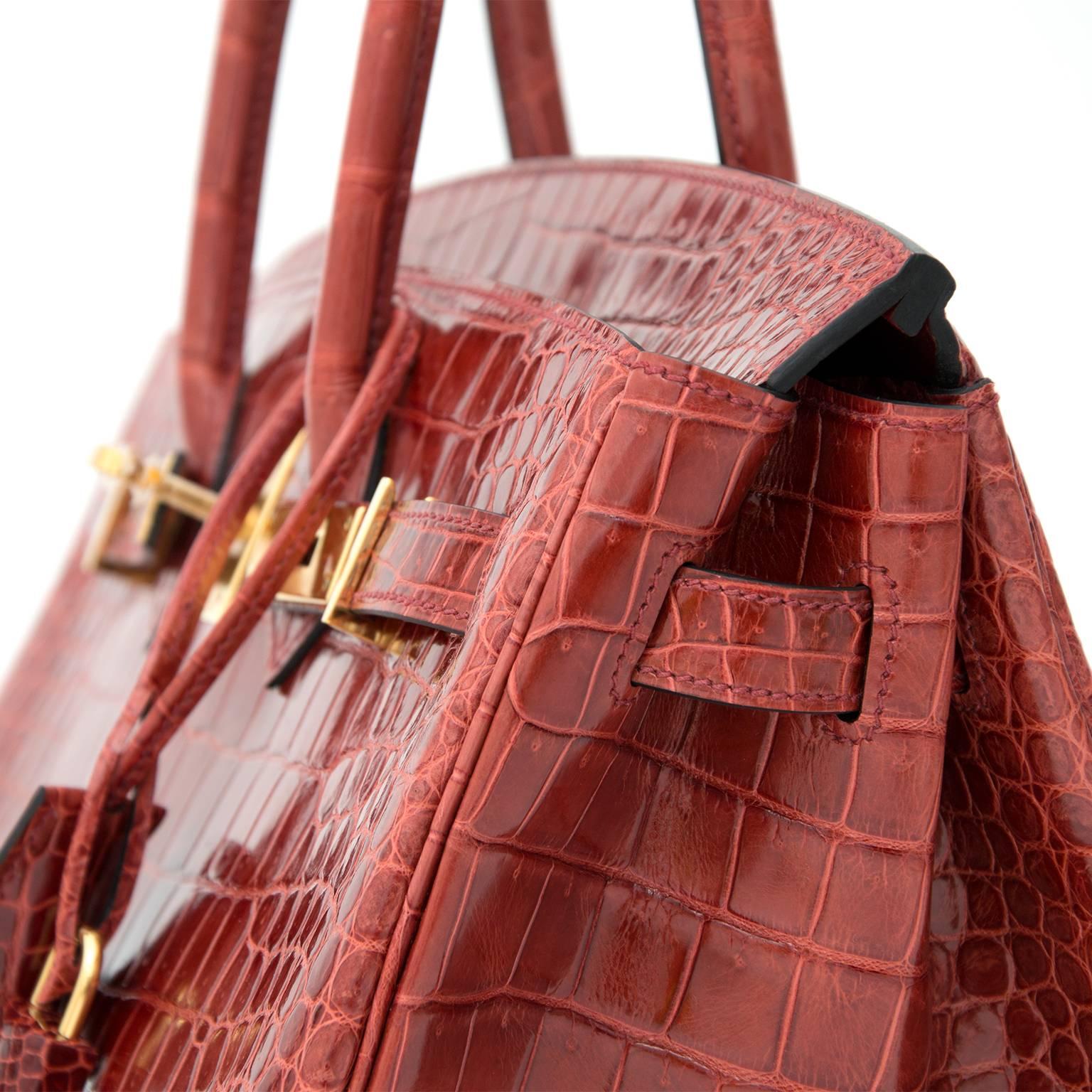 Marrone Hermès Birkin 35 GHW Coccodrillo Porosus Lisse Rouge H. H.