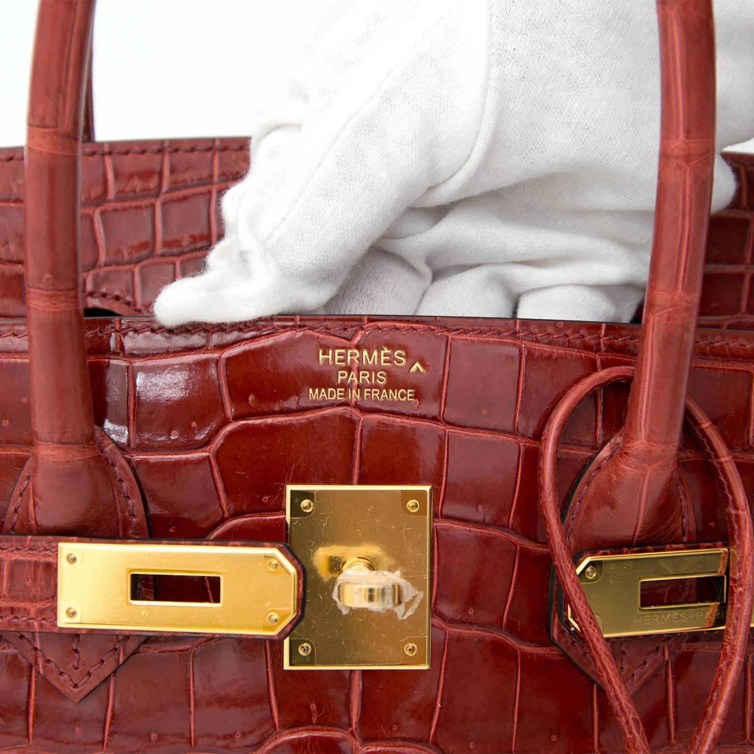 Hermès Birkin 35 GHW Coccodrillo Porosus Lisse Rouge H. H. 1
