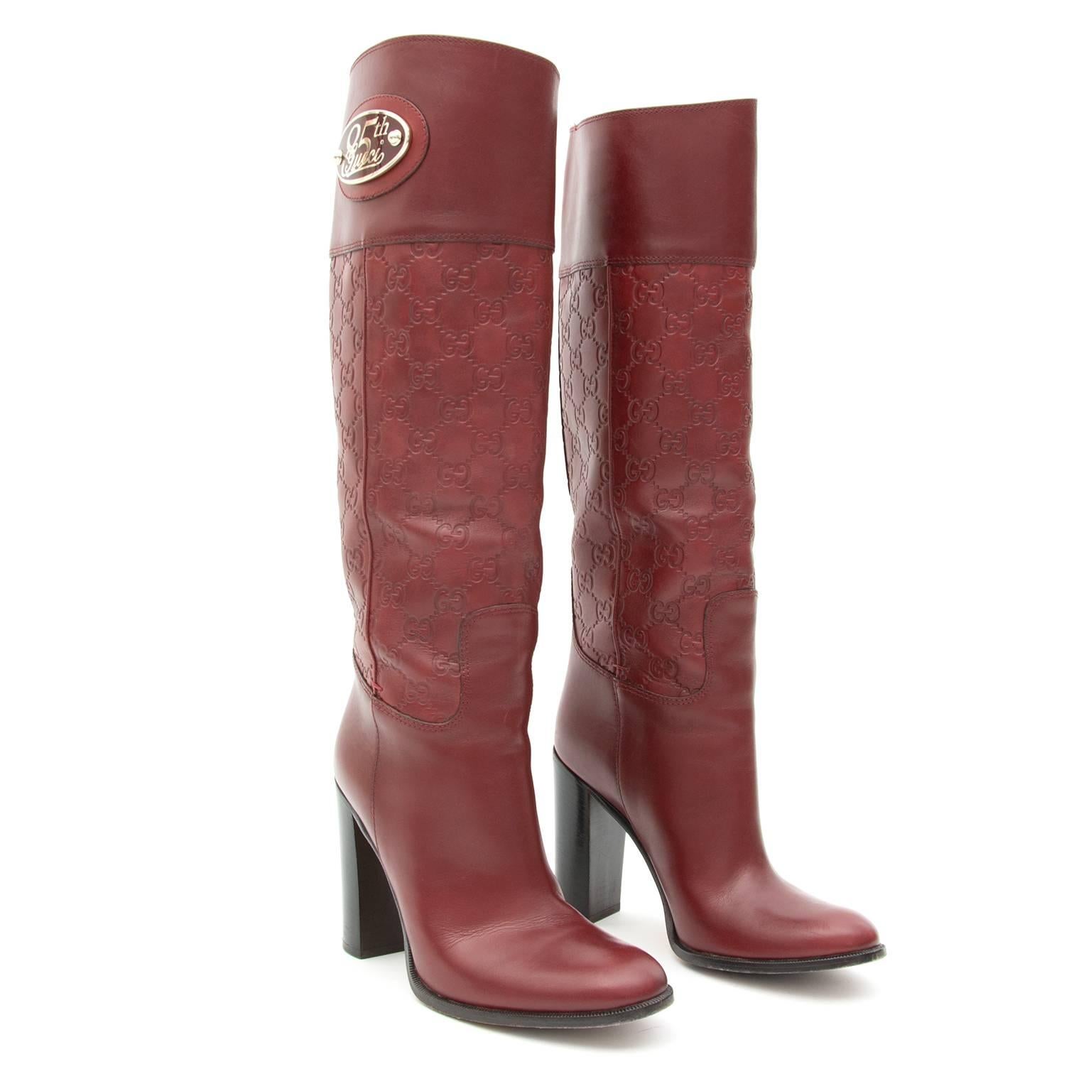 Gucci Monogram Leather Knee Boots

Gorgeous dark red boots with wooden heel by Italian house Gucci.

Embossed monogram print in sturdy but smooth leather.

Fits right under the knee. Size 3.

Comes in original box, with receipt and booklet.
