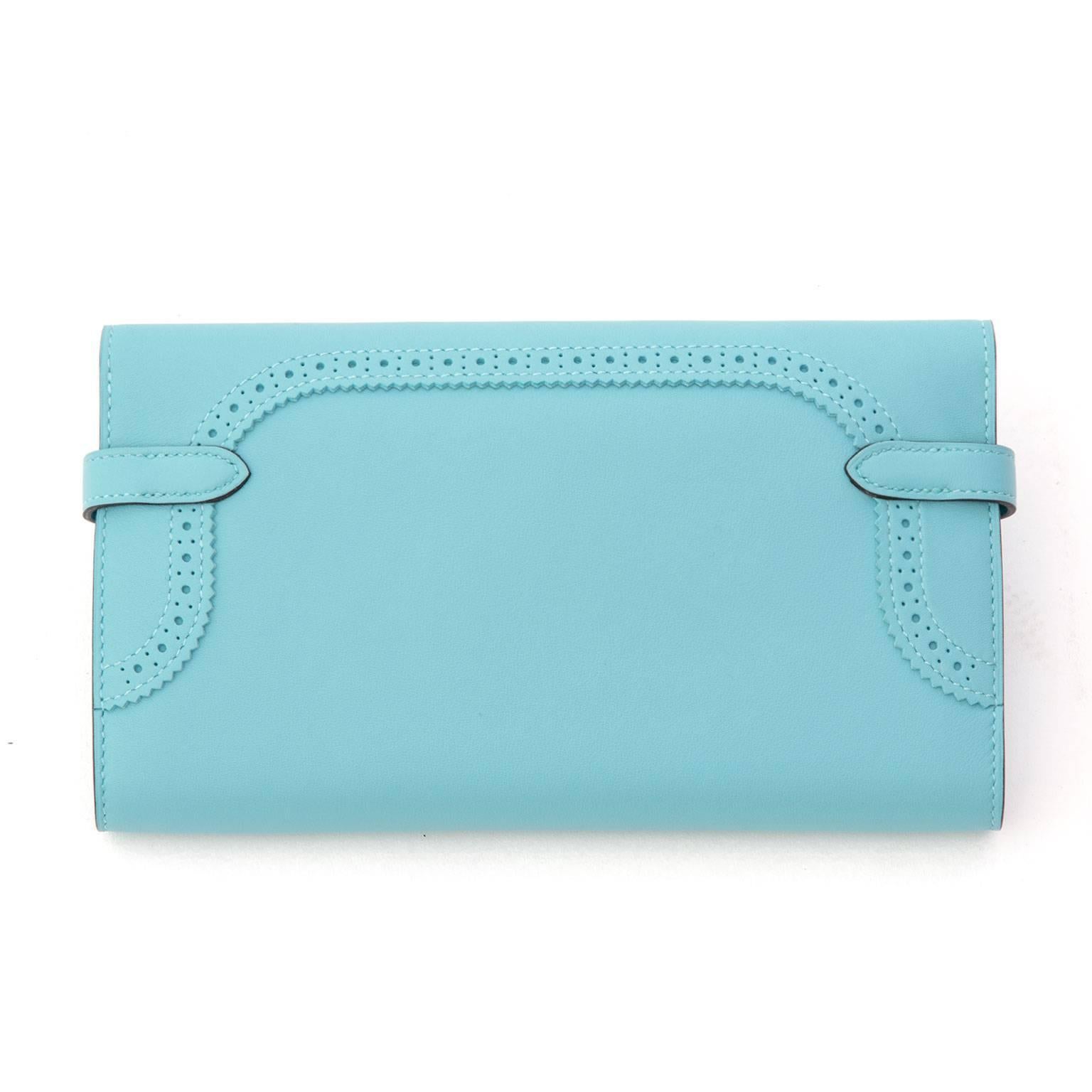 Women's NEW Hermes Kelly Classic Ghillies Wallet Veau Swift Blue Atole PHW For Sale