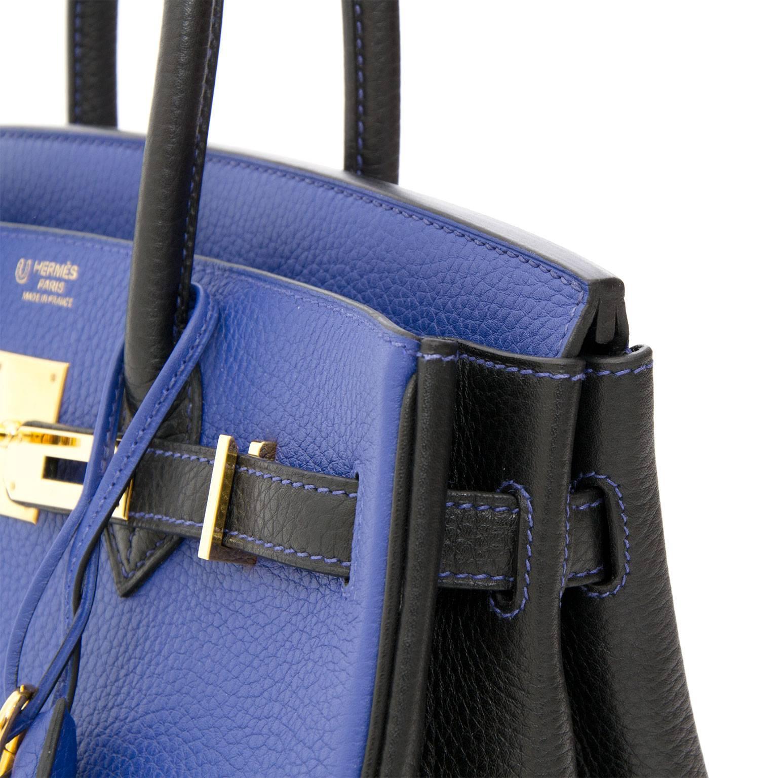 Hermès Birkin 30 Bicolor Blau Electrique Schwarz Permabrass im Zustand „Hervorragend“ in Antwerp, BE