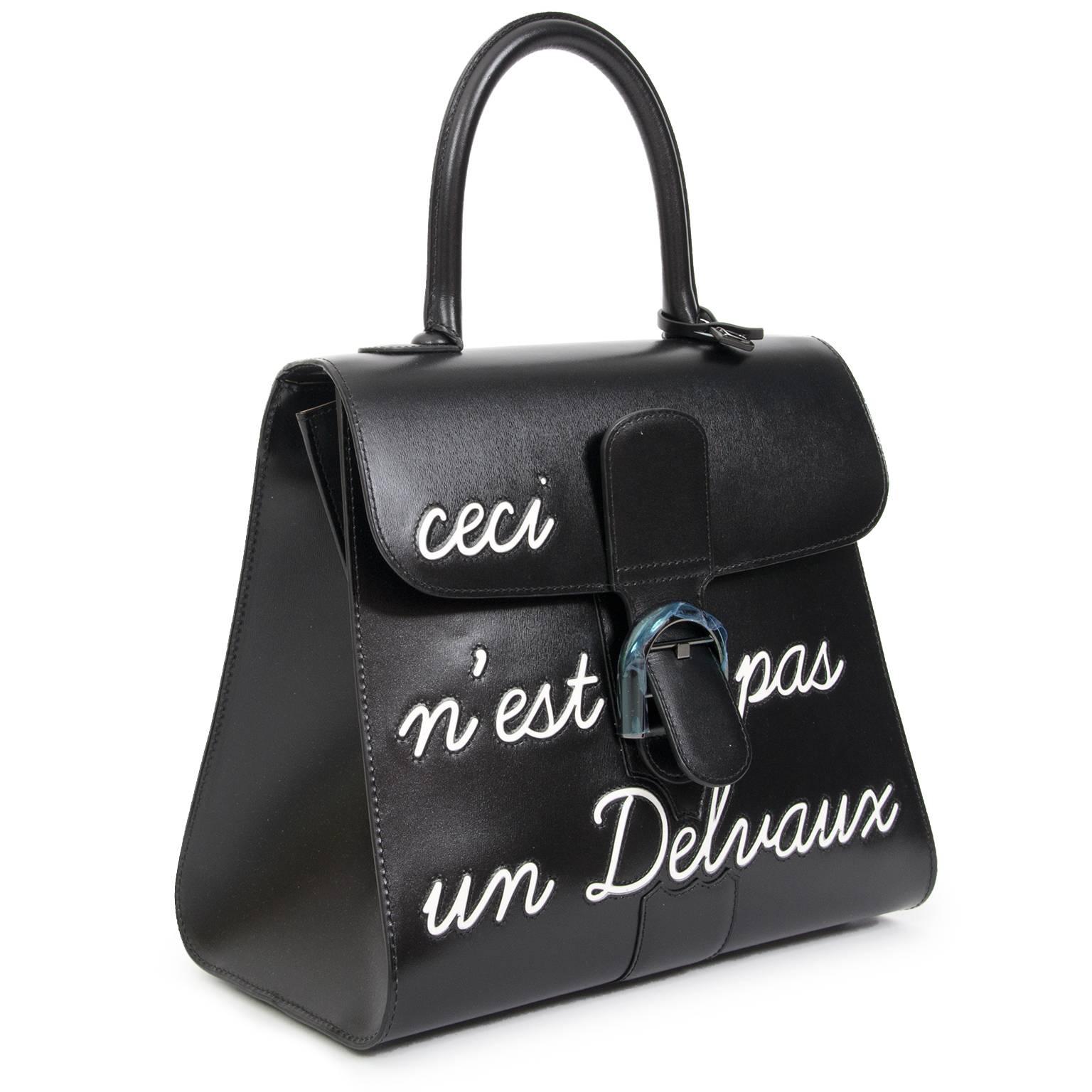 RARE Brand NEW Delvaux Noir (black) smooth box calfskin L'Humour Brillant MM satchel styled at front with white script 