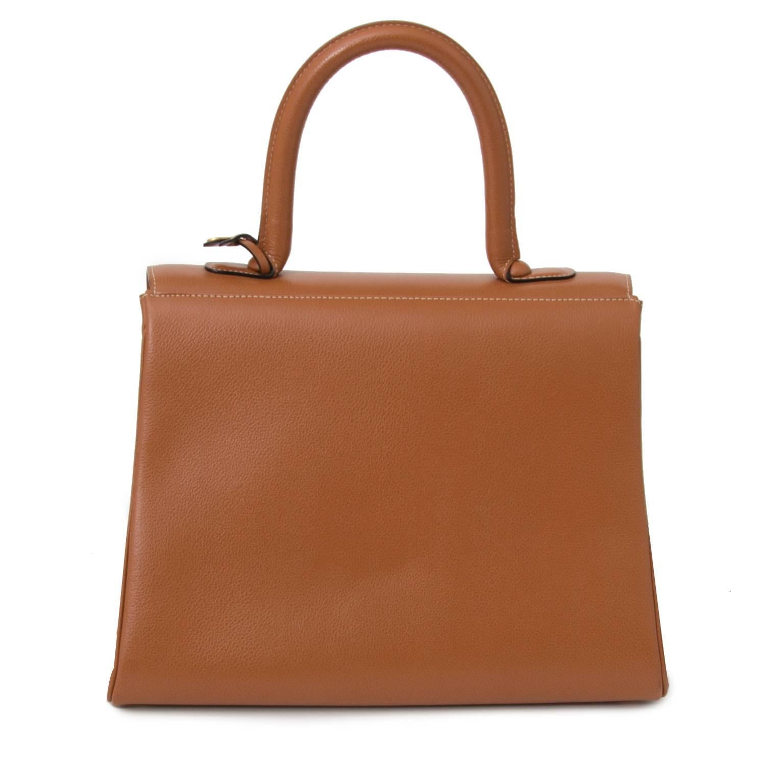 Delvaux Brillant MM Jumping in brown leather with gold hardware. Top handle for comfortable use. The interior has two extra comportments of wich one with a zipper, and a keychain. Four small gold studs on the bottom to protect this gorgious bag.