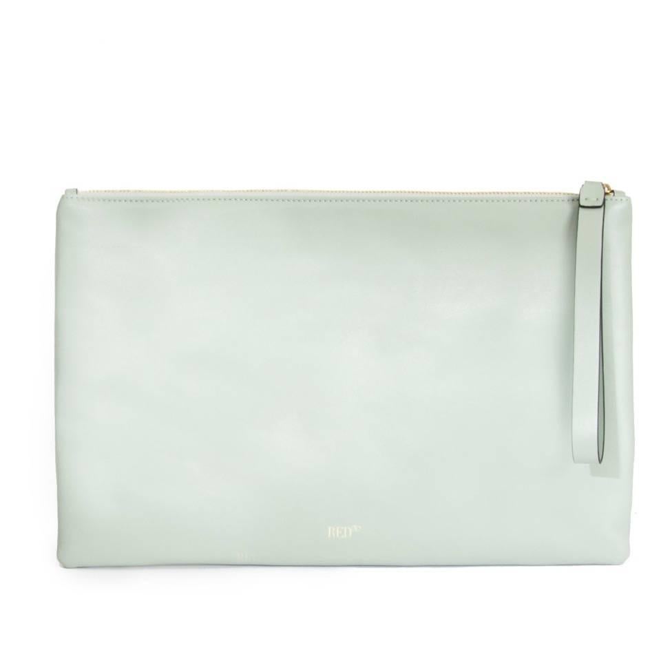 Red Valentino Clutch, finely detailed with flowers, stitched with little pearls. Front also contains a bow in the same pastel green as the rest of the clutch. Bag opens with zipper into a green interior with zip pocket.  