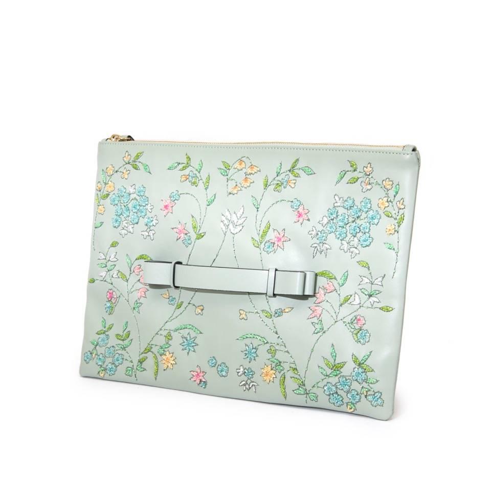 Gray Red Valentino Pastel Green Floral Embellished Leather Clutch