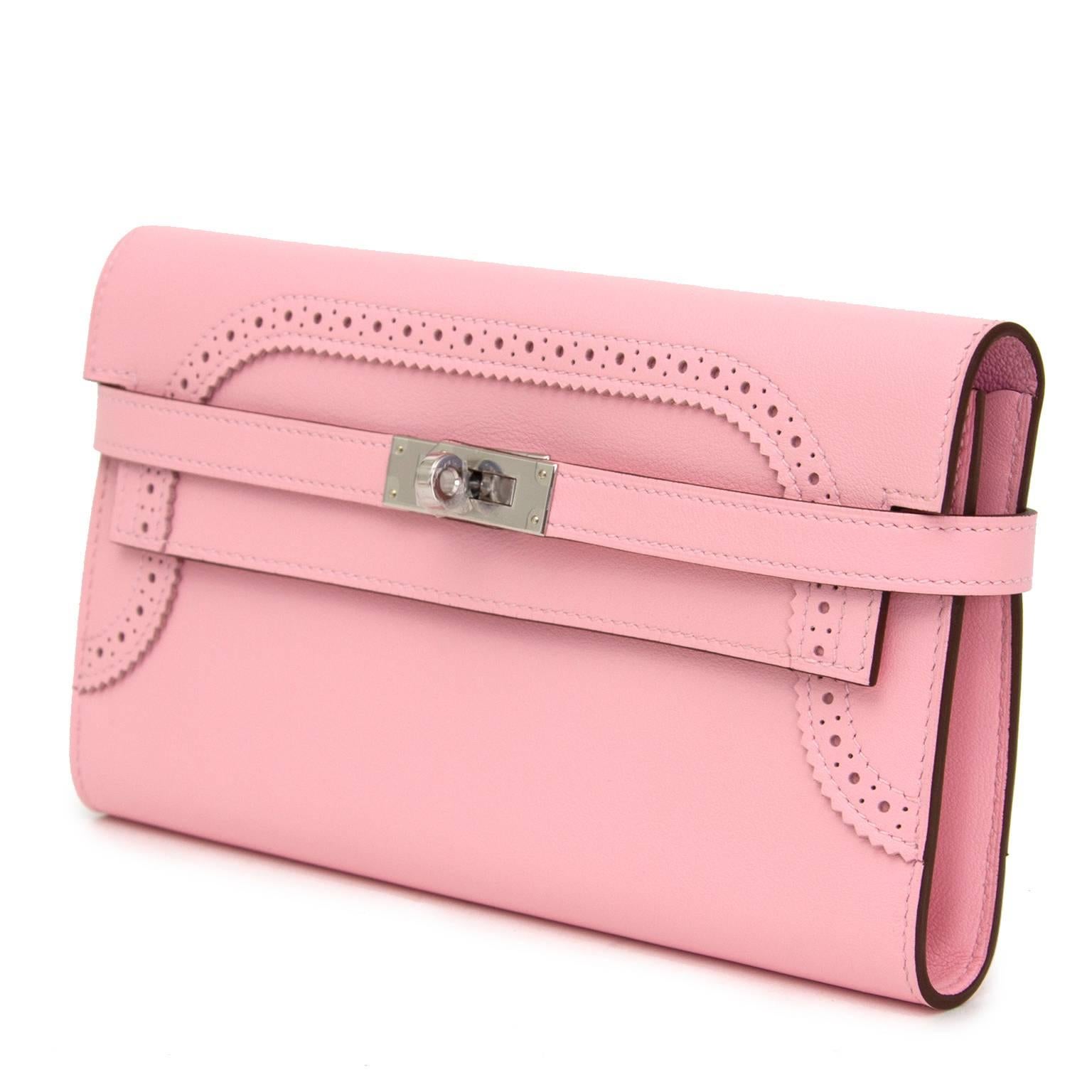 Pink Brand New Hermes Kelly Ghillies Wallet Rose Classique Veau Swift 