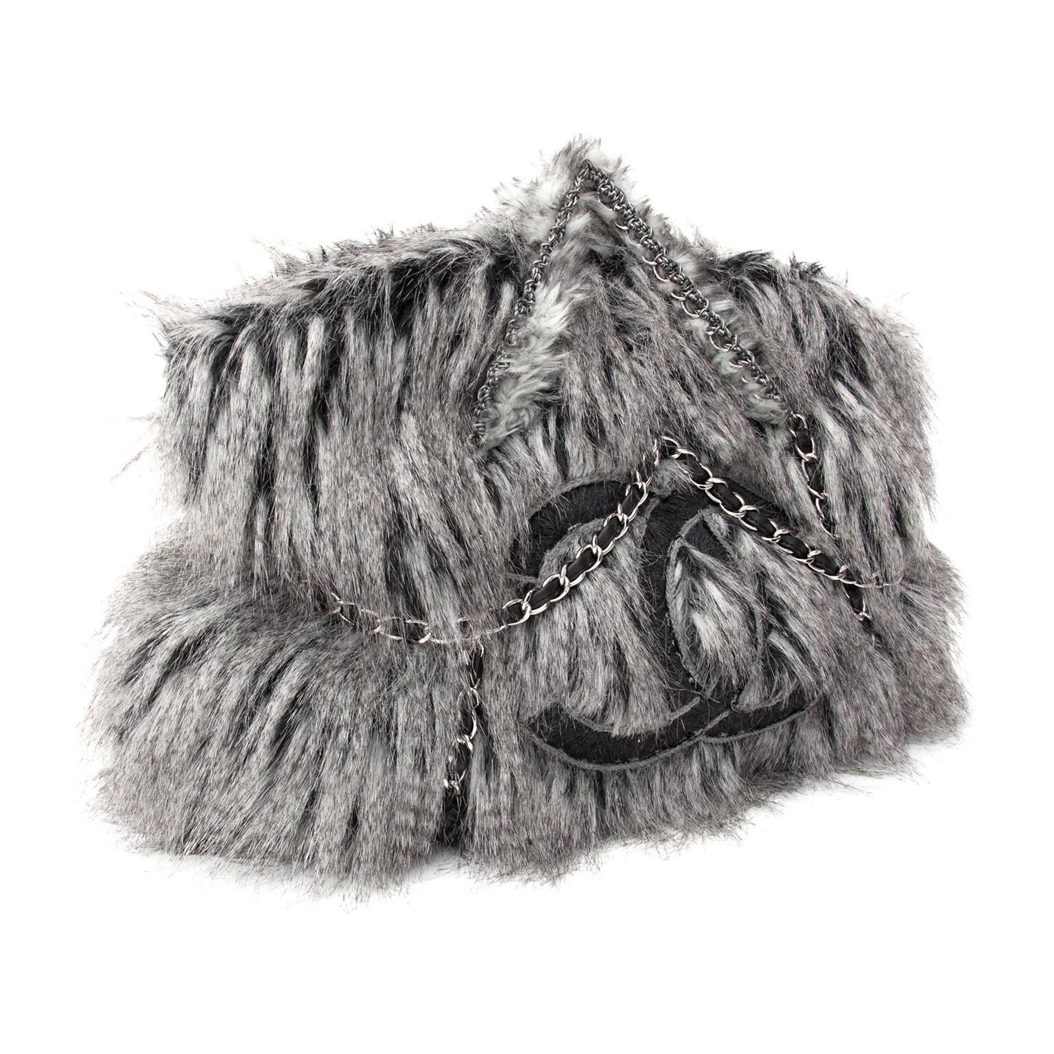 Gray Chanel Faux Fur Arctic Fantasy Fur Tote Bag