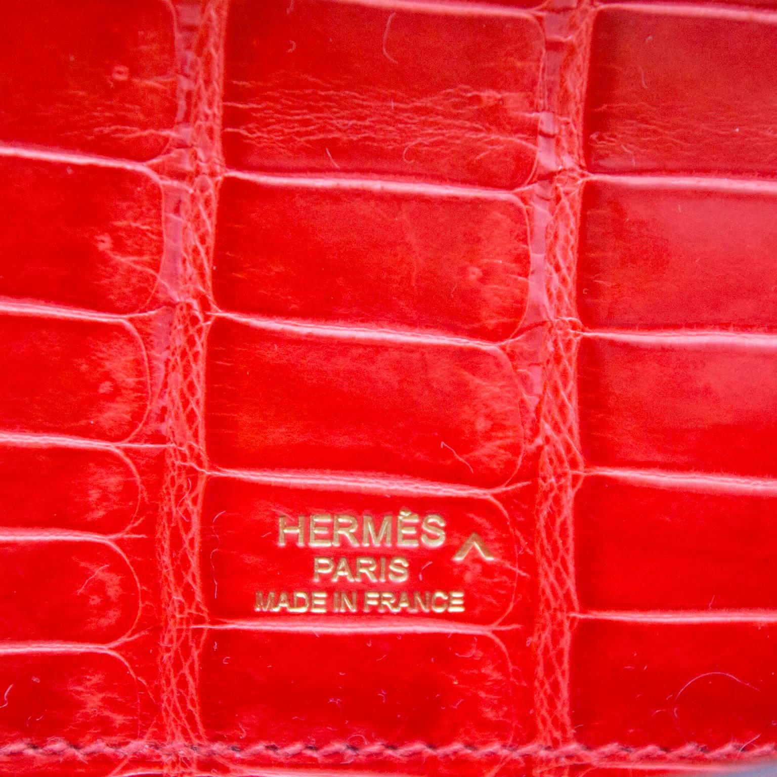 Red Hermès Brand New Kelly Cut Pochette Crocodile Porosus Lisse Orange 