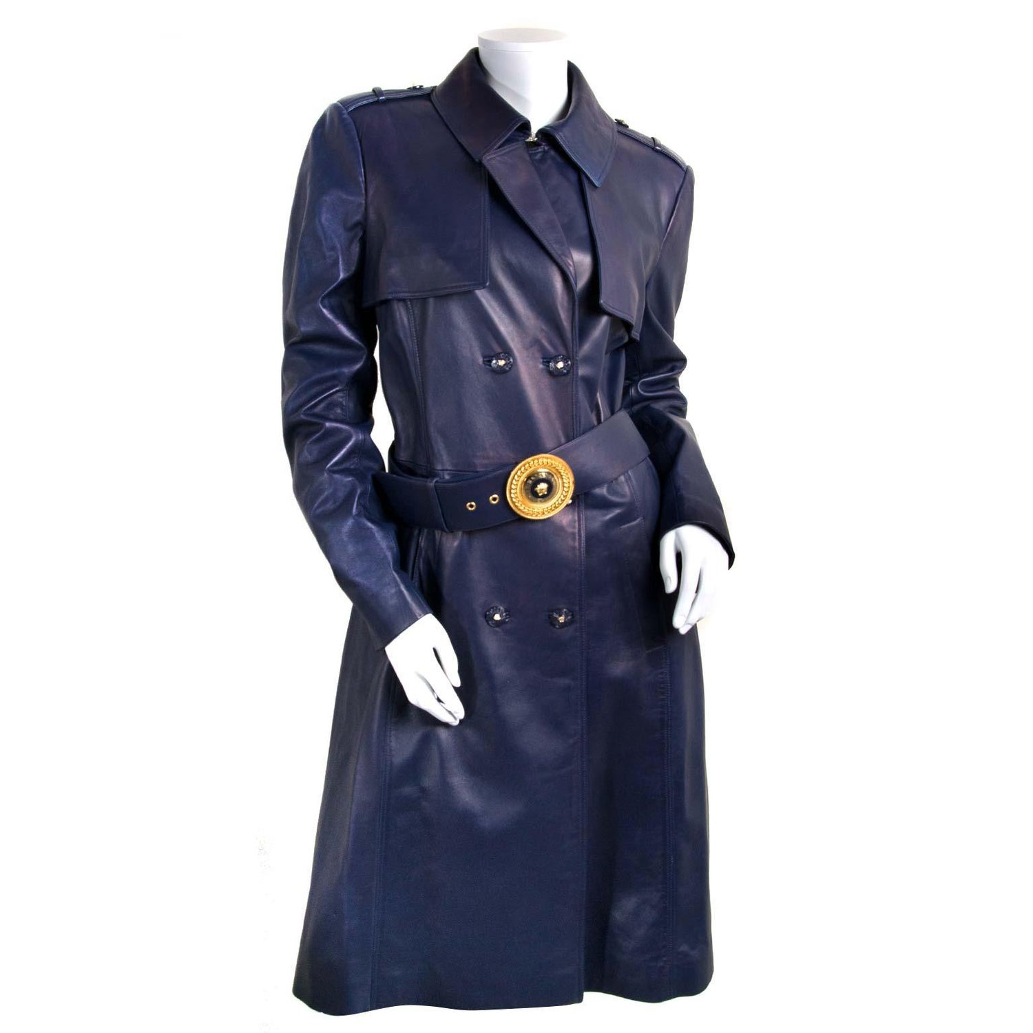 congestie medeklinker zelf Versace Dark Blue Leather Trench Coat - Size 46 For Sale at 1stDibs |  versace leather trench coat, blue leather coat, versace trench coat