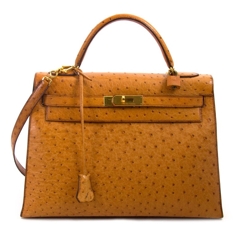 Rare Authentic Hermes Birkin Hac 32 Ostrich Leather Tan Gold