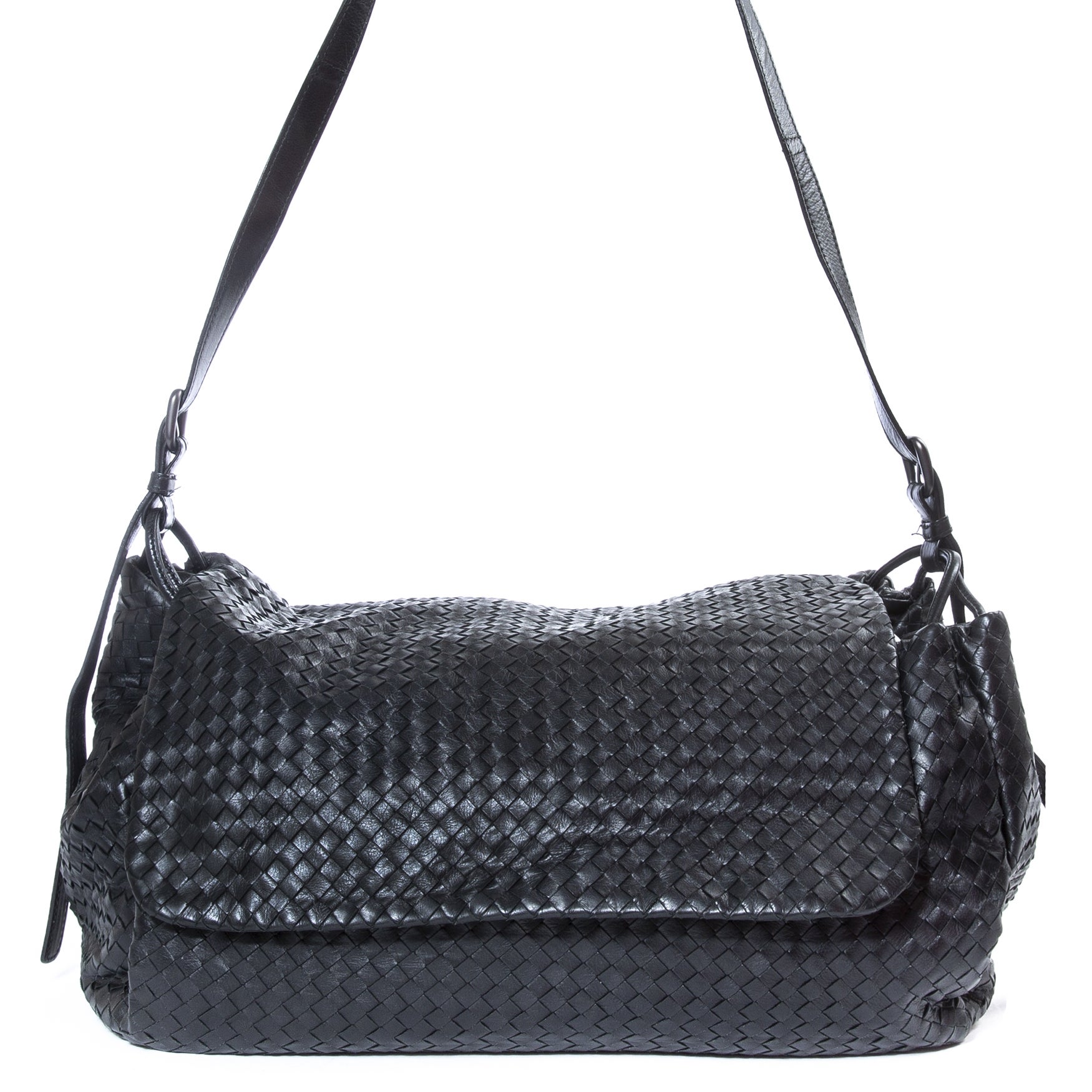 Bottega Veneta Black Intrecciato Nappa Leather Flap Shoulder Bag For Sale  at 1stDibs