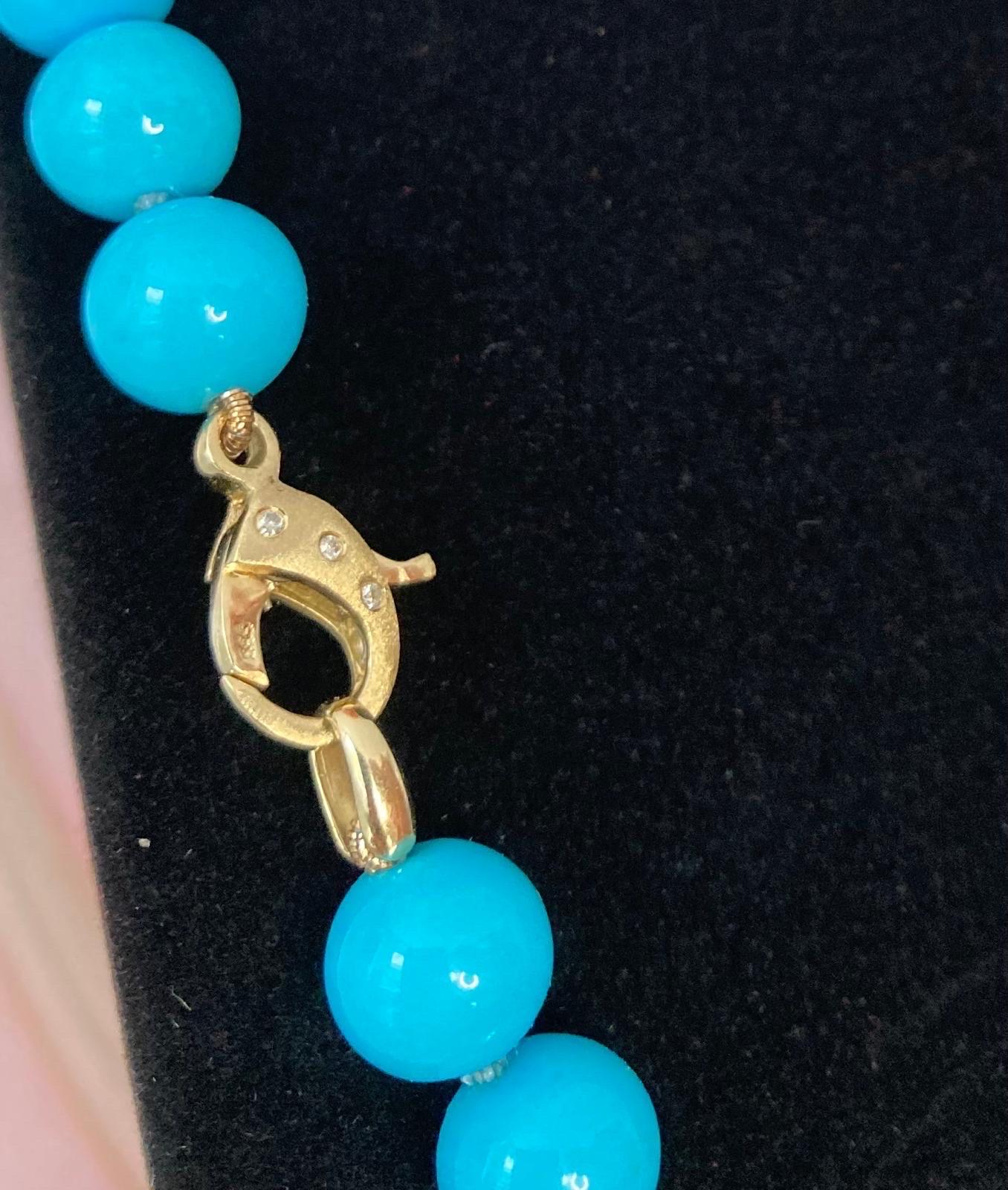 Genuine 295 Carat Blue Sleeping Beauty Turquoise Diamond Yellow Gold Necklace For Sale 7