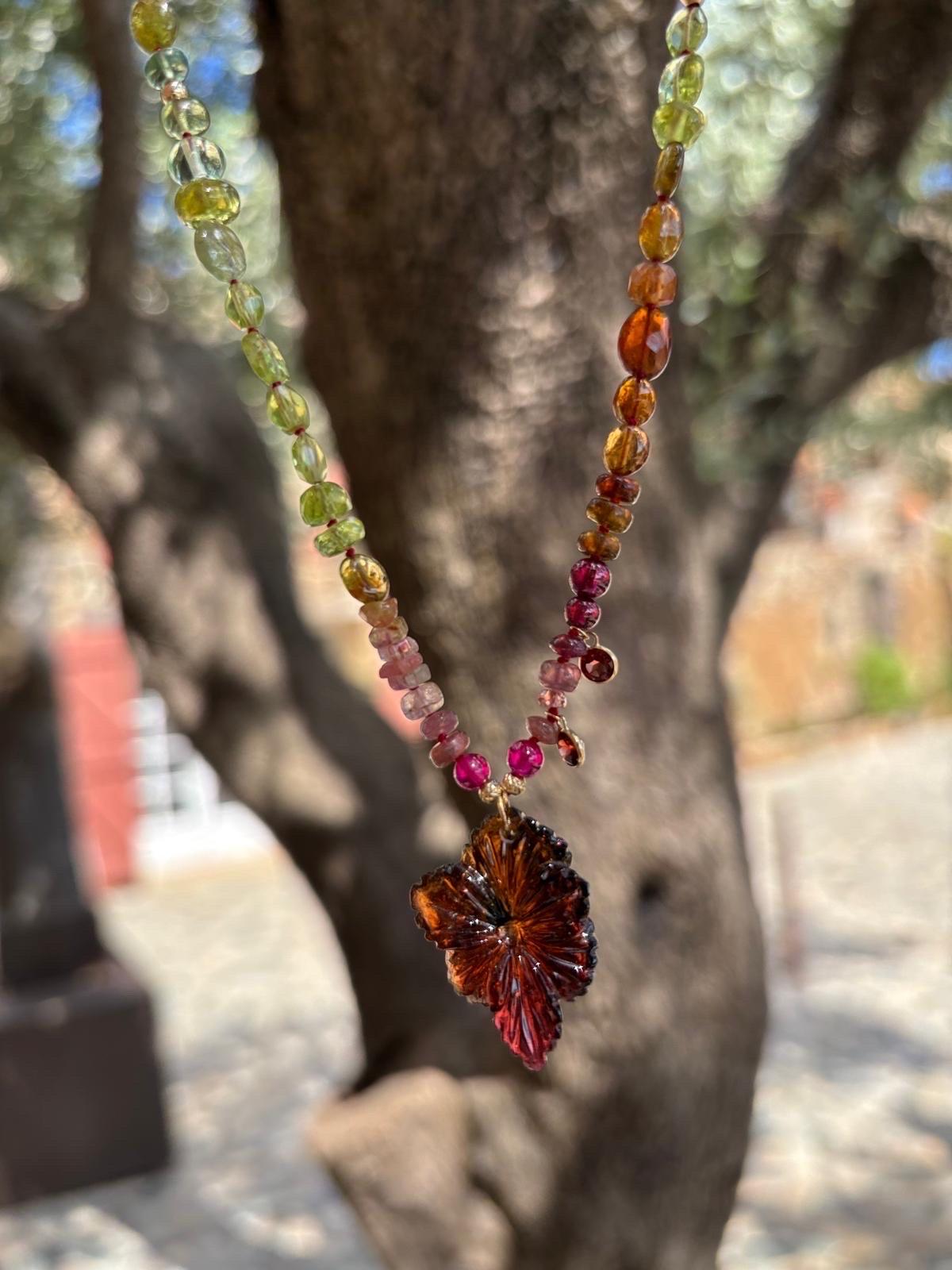 Modern Genuine Burma Ruby Handcarved Tourmaline Charm Yellow Gold Necklace For Sale