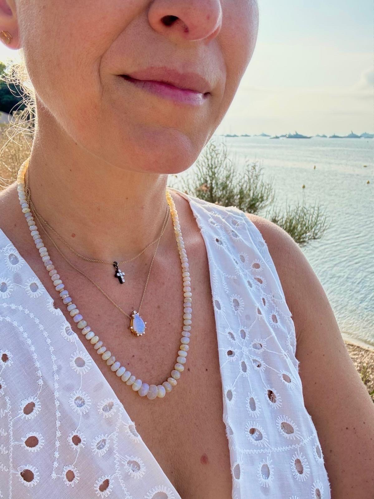 Bead Graduated Australian Lightning Ridge Opal 18K Gold Diamond Necklace For Sale