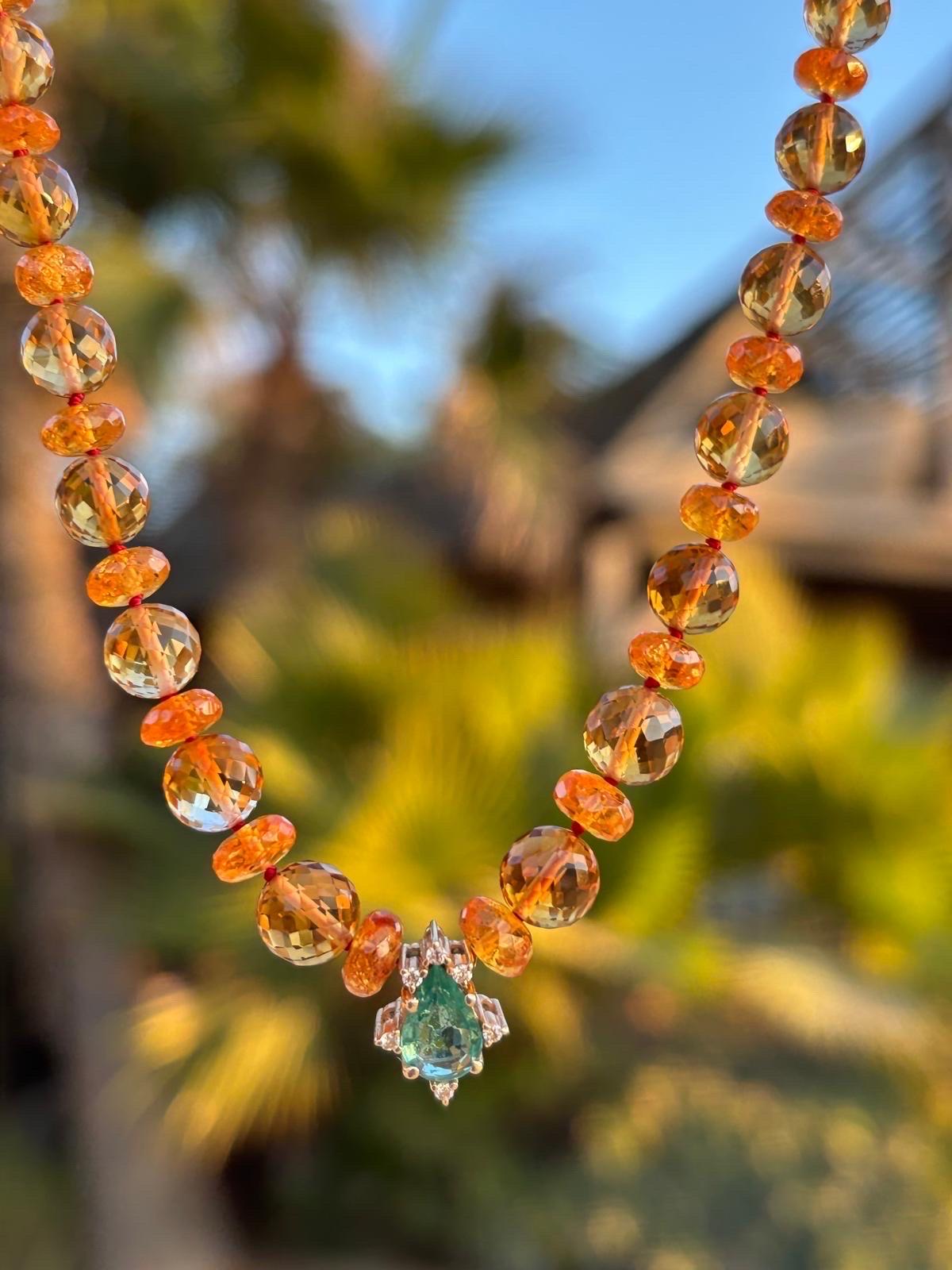 Genuine Sparkling Citrine and Zambian Emerald Diamond Necklace For Sale 3