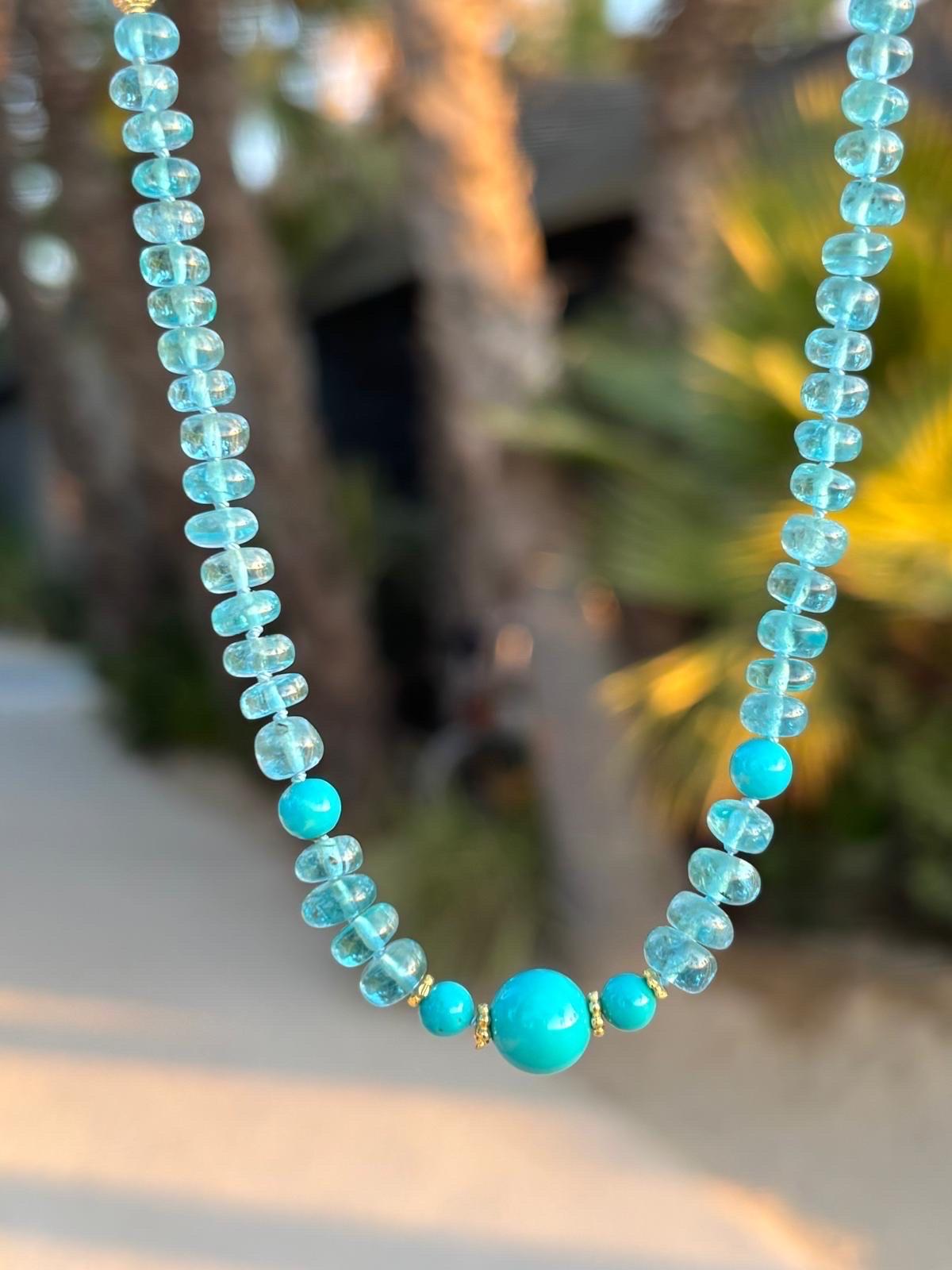 Collar de oro con turquesa genuina de la Bella Durmiente y apatita paraiba Moderno en venta
