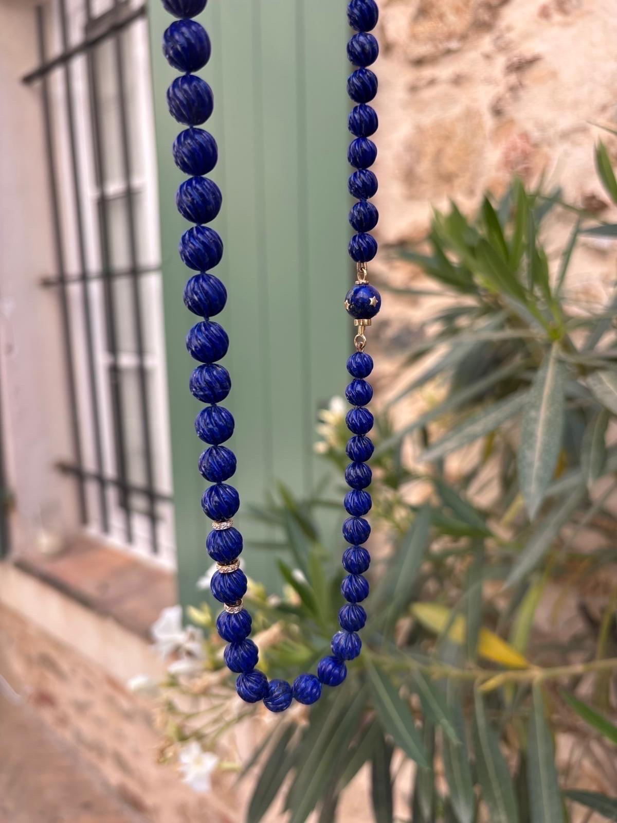 Estate Giant Lapis Lazuli Diamond 18K Gold Necklace For Sale 4