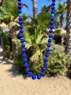 Fluted Lapis Lazuli and Sleeping Beauty Turquoise Yellow Gold Necklace