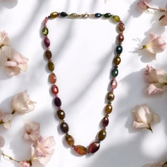 Genuine Pink Sapphire and Bio Tourmaline Beaded Yellow Gold Necklace